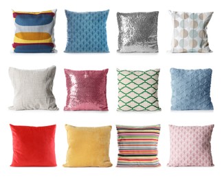 Image of Set with different stylish decorative pillows on white background