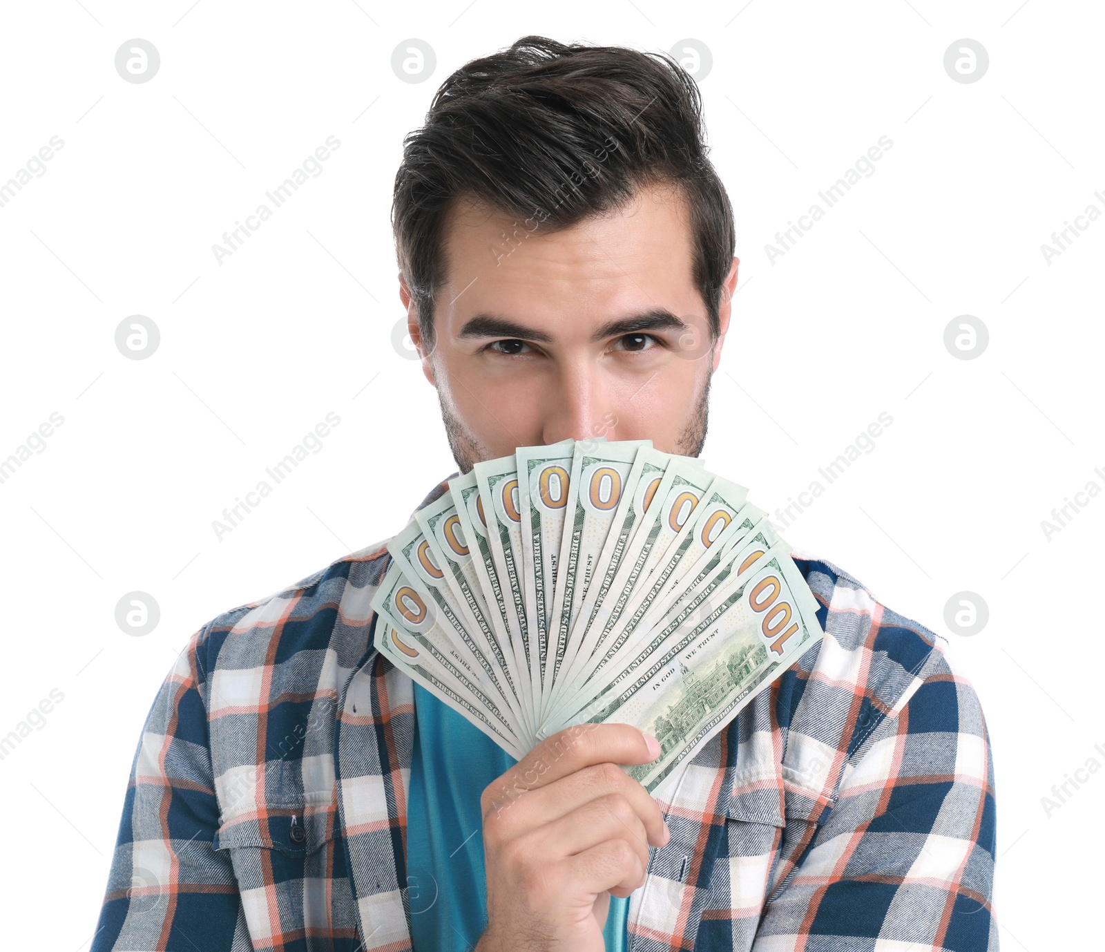 Photo of Handsome young man with dollars on white background