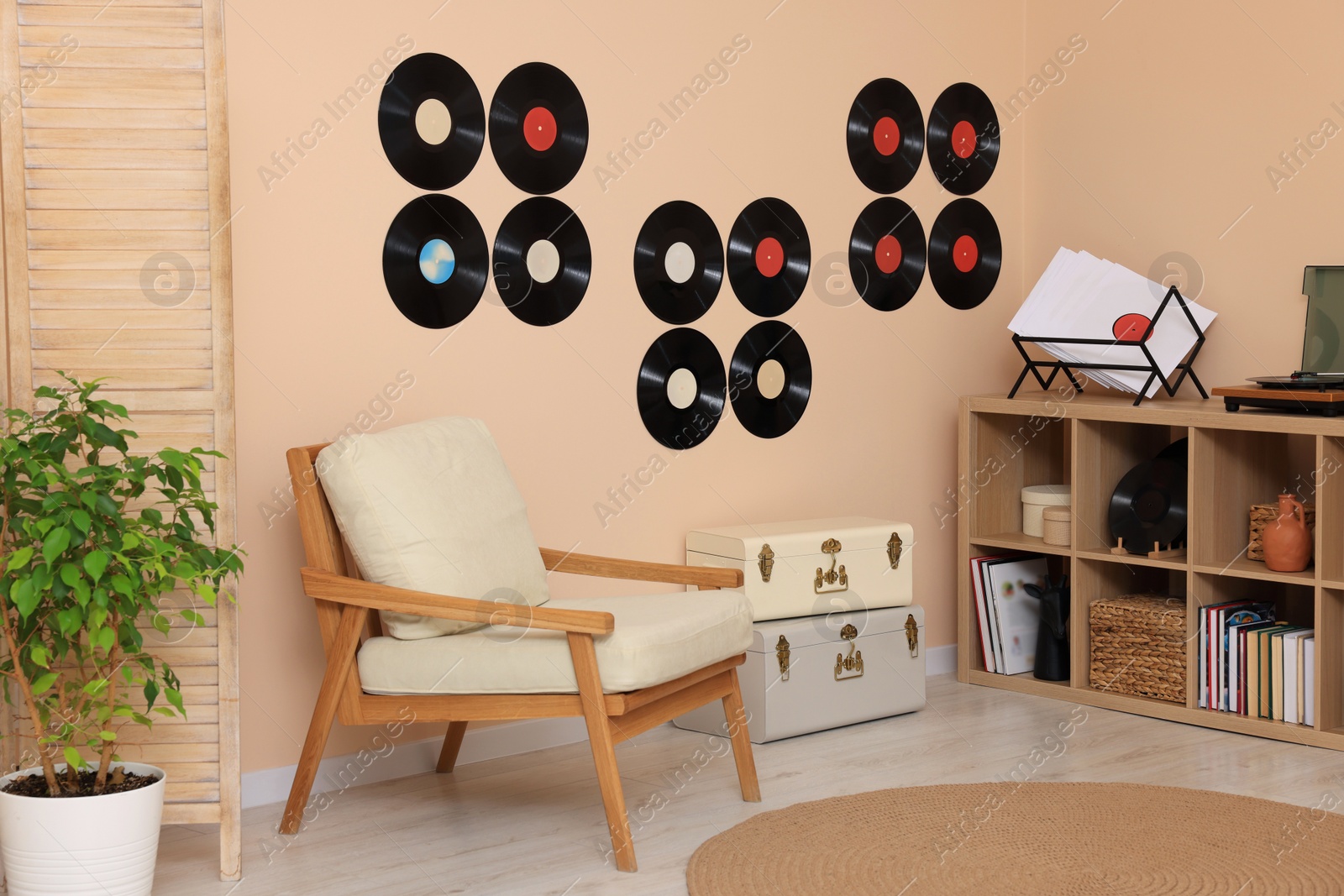 Photo of Living room interior decorated with vinyl records