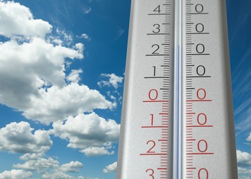 Image of Weather thermometer and beautiful sky with fluffy clouds on background