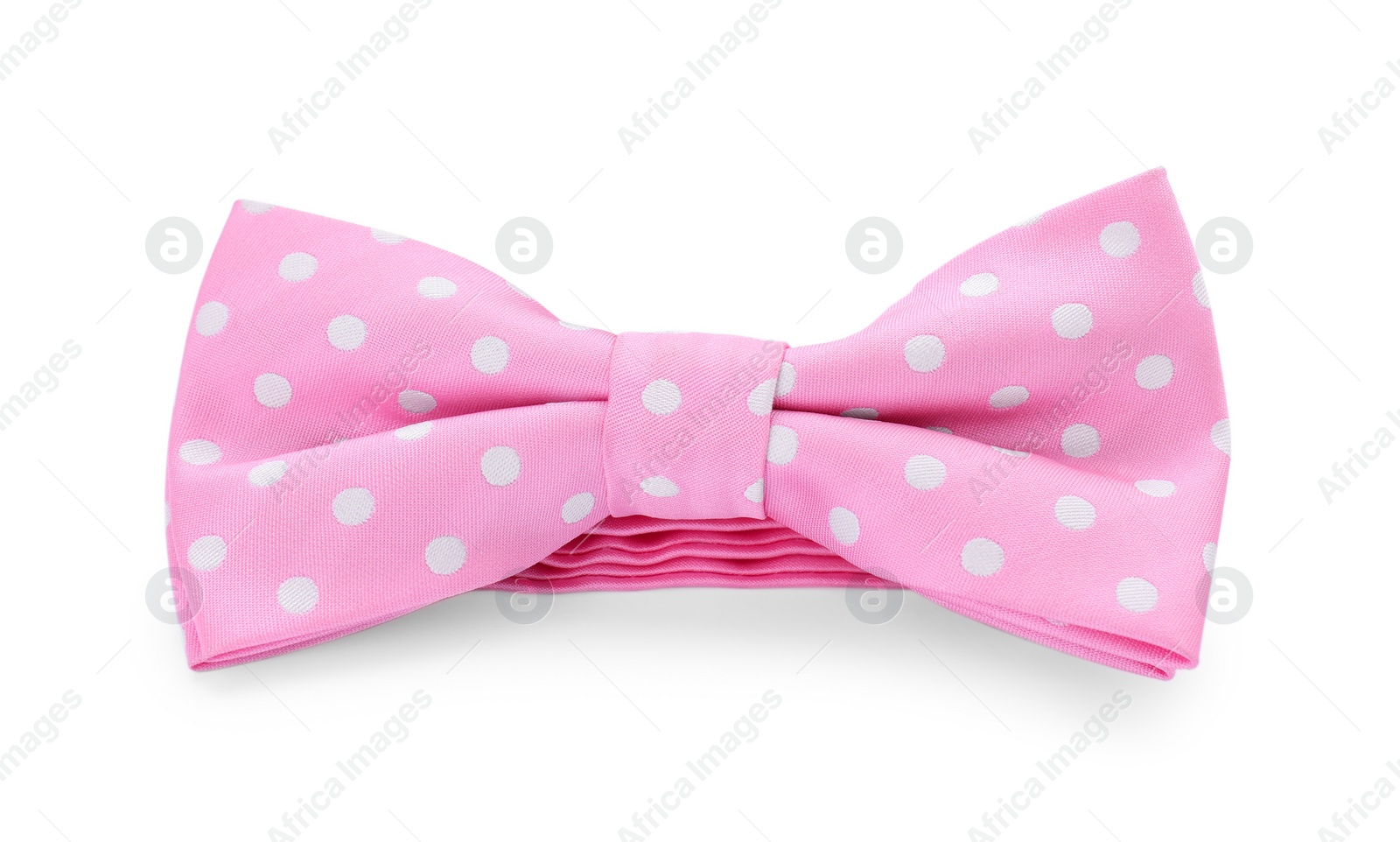 Photo of Stylish pink bow tie with polka dot pattern on white background