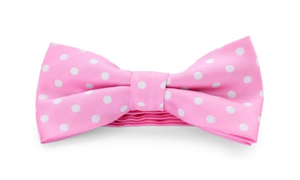 Photo of Stylish pink bow tie with polka dot pattern on white background