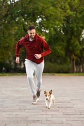 Man running with adorable Jack Russell Terrier on city street. Dog walking