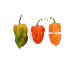 Photo of Different hot chili peppers on white background, flat lay