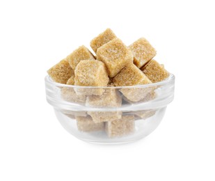 Photo of Brown sugar cubes in glass bowl isolated on white