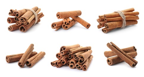 Image of Set with aromatic cinnamon sticks on white background. Banner design