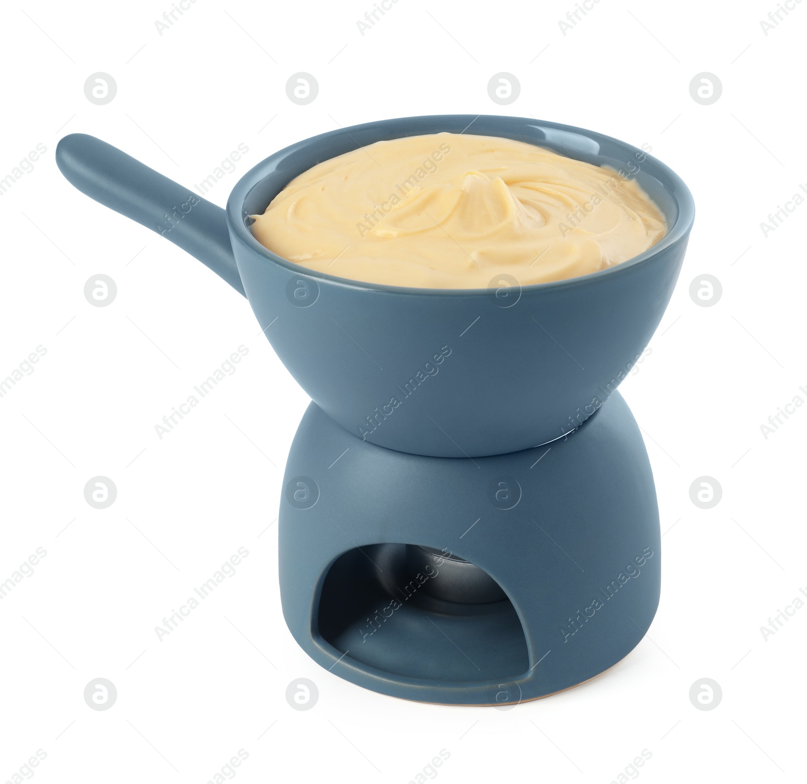 Photo of Fondue with tasty melted cheese isolated on white