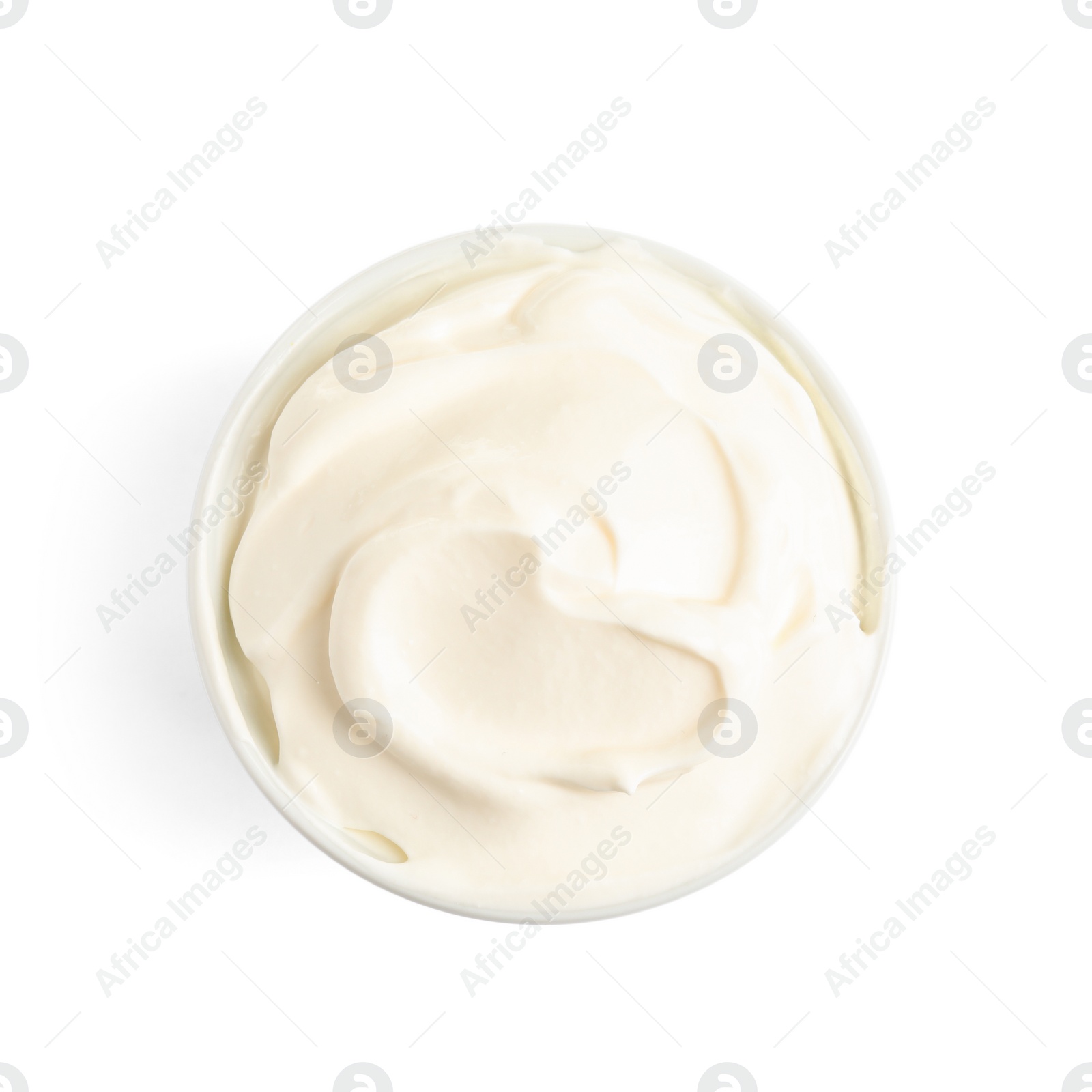 Photo of Bowl with fresh sour cream isolated on white, top view