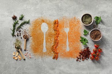 Photo of Different spices and silhouettes of cutlery on light grey table, flat lay