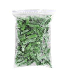 Photo of Frozen green beans in plastic bag isolated on white, top view. Vegetable preservation