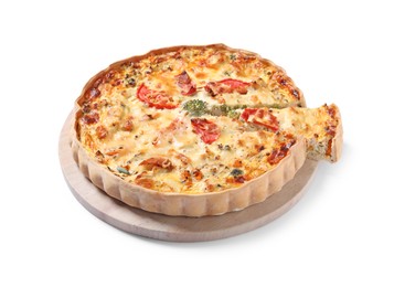 Photo of Tasty quiche with tomatoes and cheese isolated on white