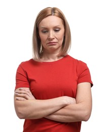 Photo of Sad woman with crossed arms on white background