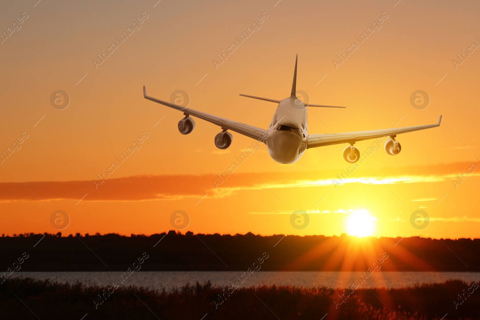 Image of Modern airplane landing at sunset. Air transportation