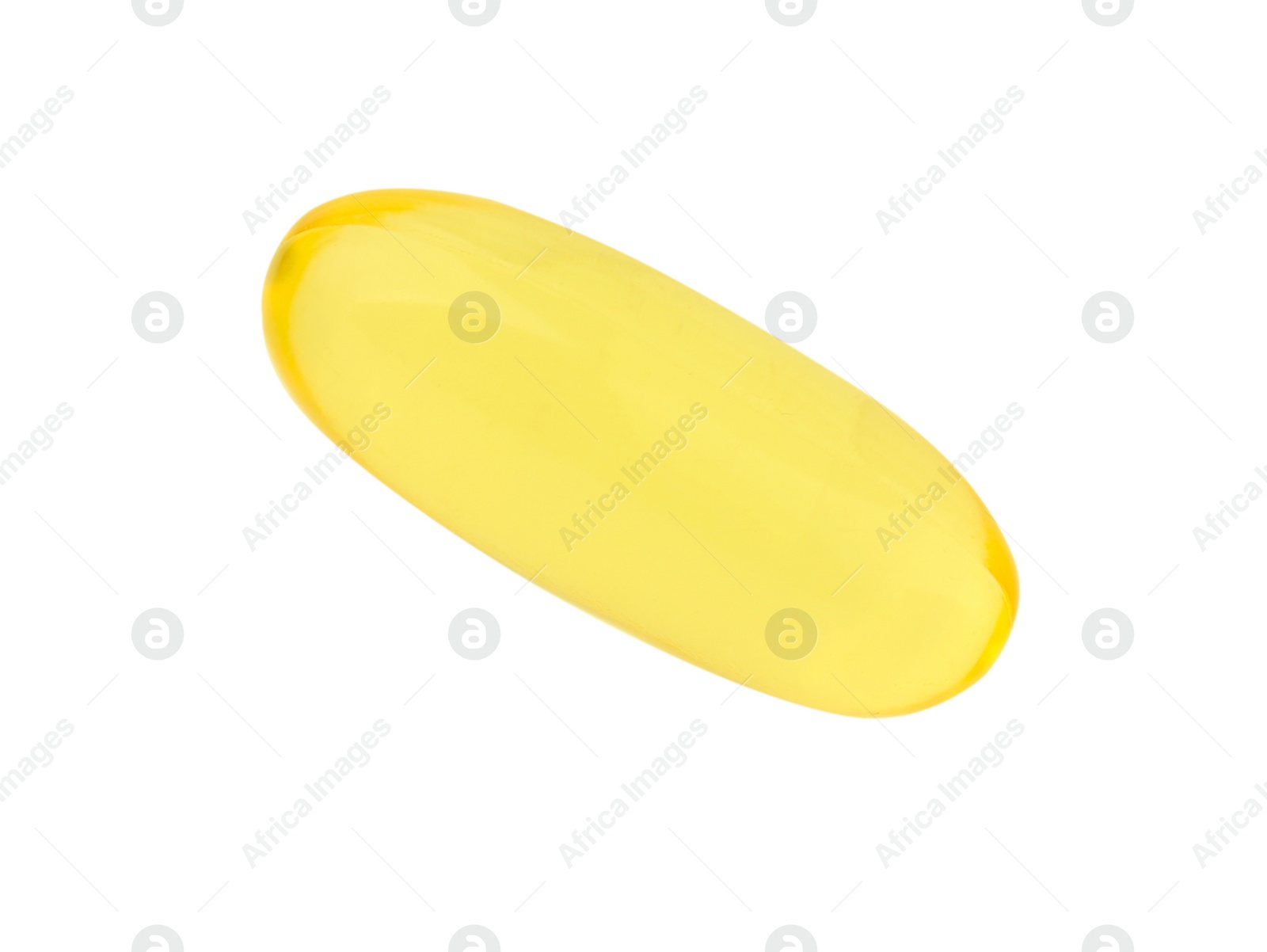 Photo of One yellow vitamin capsule isolated on white, top view