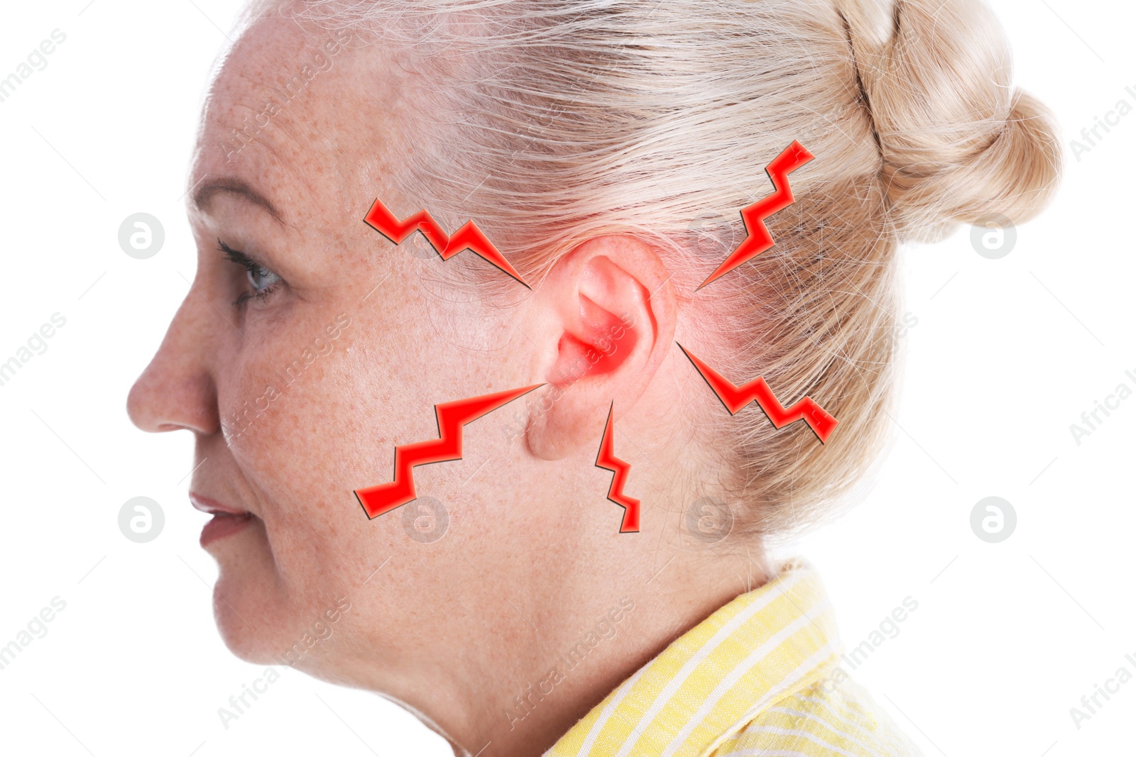 Image of Mature woman with hearing problem on white background