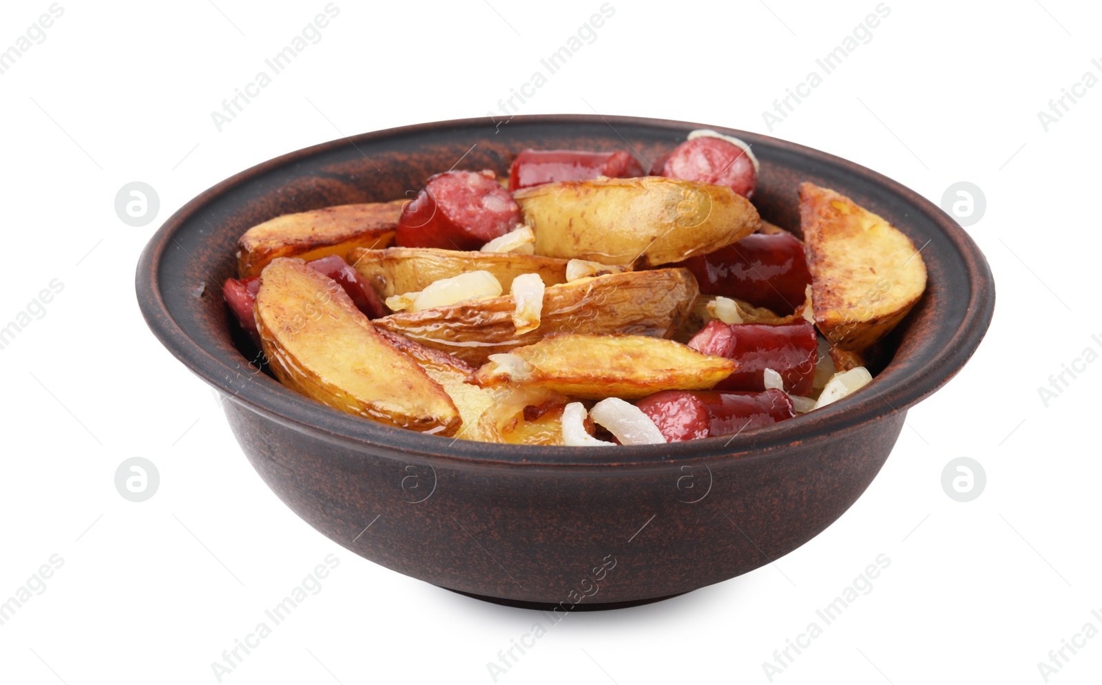 Photo of Delicious baked potato with thin dry smoked sausages and onion in bowl isolated on white