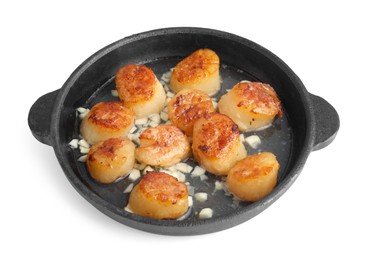 Photo of Delicious fried scallops in pan isolated on white