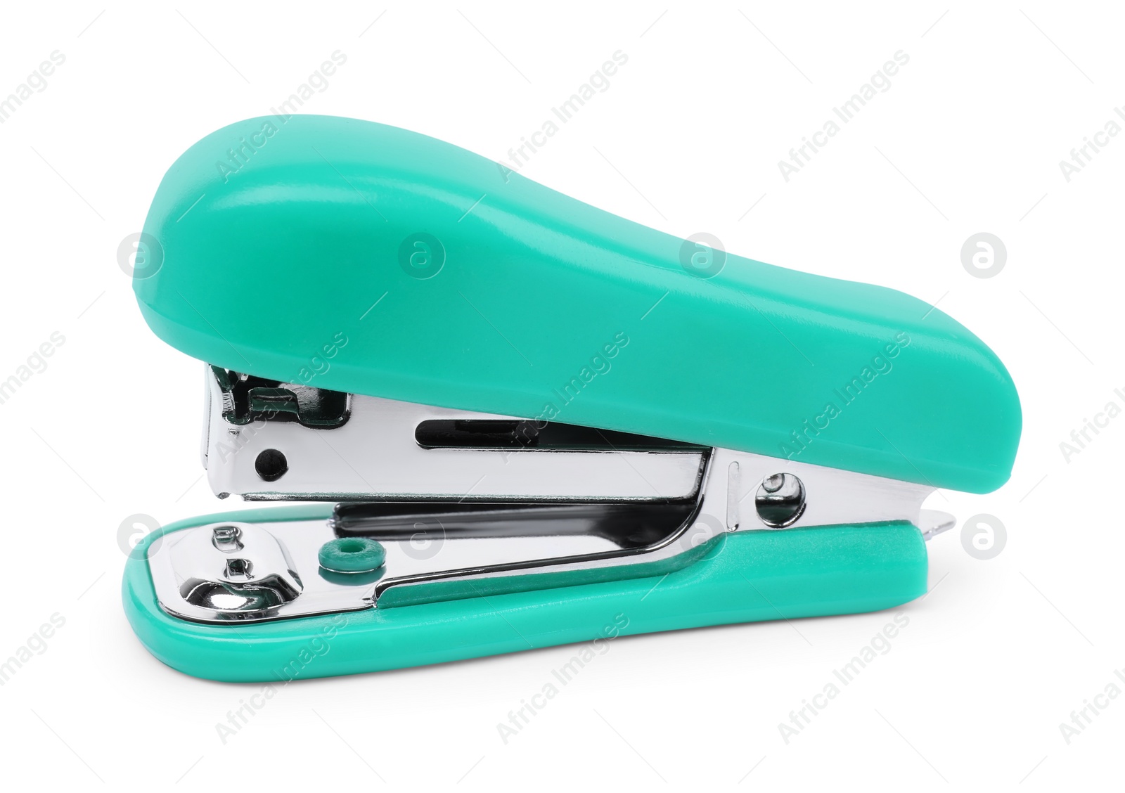 Photo of One new turquoise stapler isolated on white