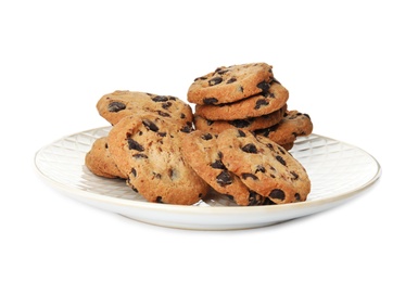 Photo of Plate with tasty chocolate chip cookies on white background