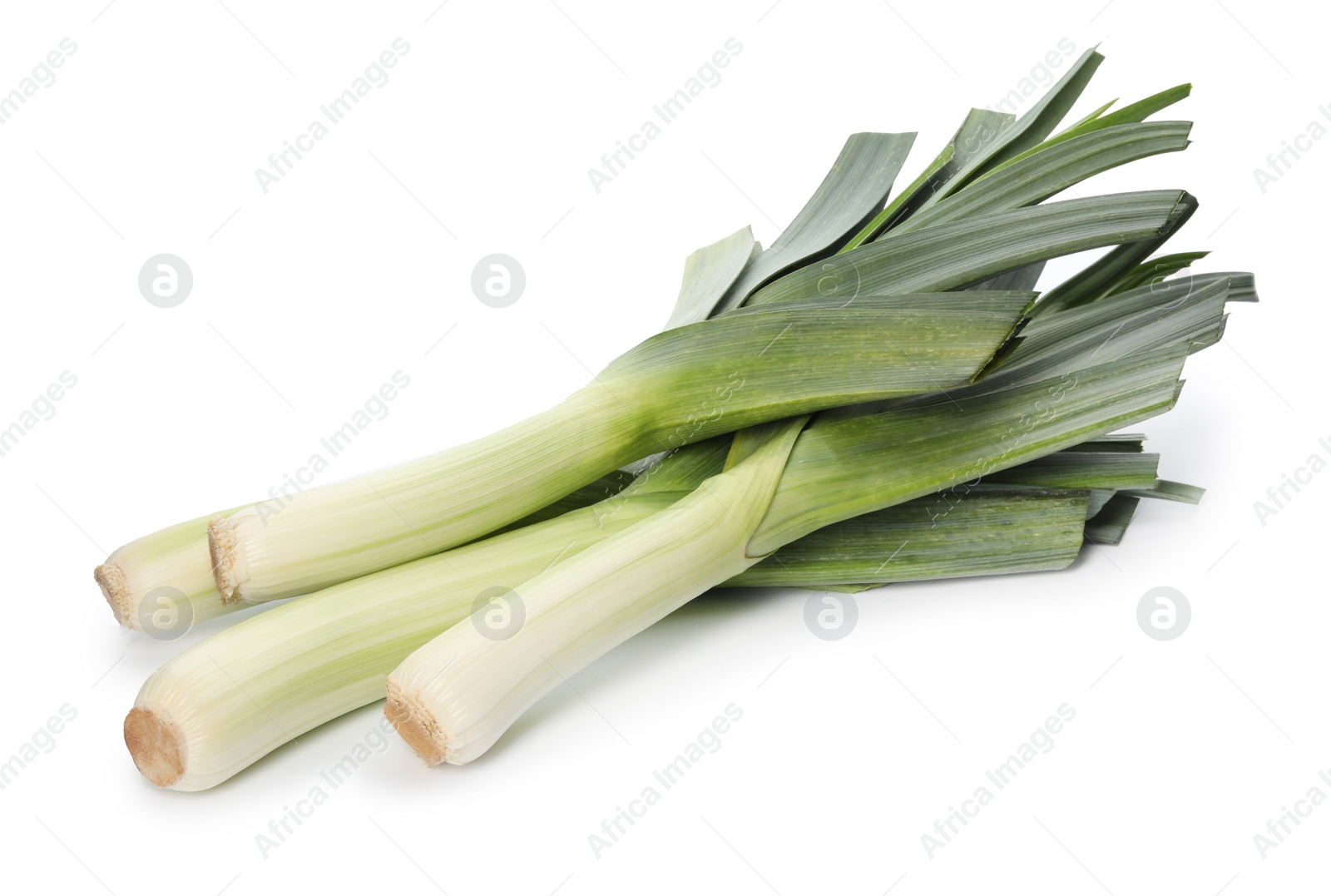 Photo of Fresh raw leeks on white background. Ripe onion