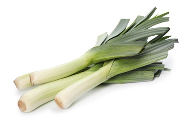 Fresh raw leeks on white background. Ripe onion