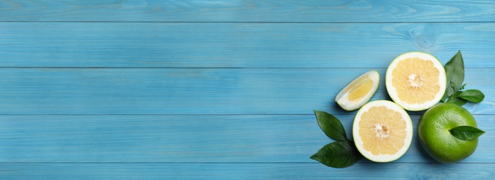 Fresh ripe sweeties on blue wooden table, flat lay with space for text. Banner design