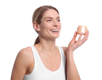 Photo of Woman with jar of body cream on white background