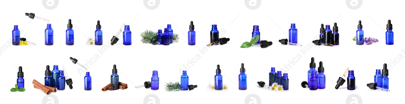 Image of Set with bottles of different essential oils on white background. Banner design