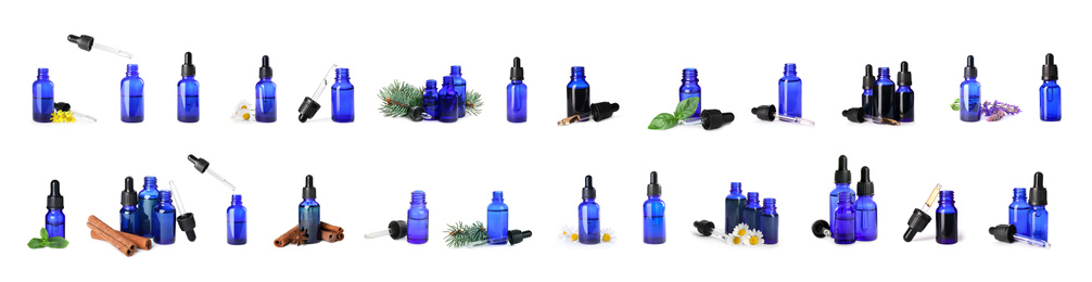 Image of Set with bottles of different essential oils on white background. Banner design