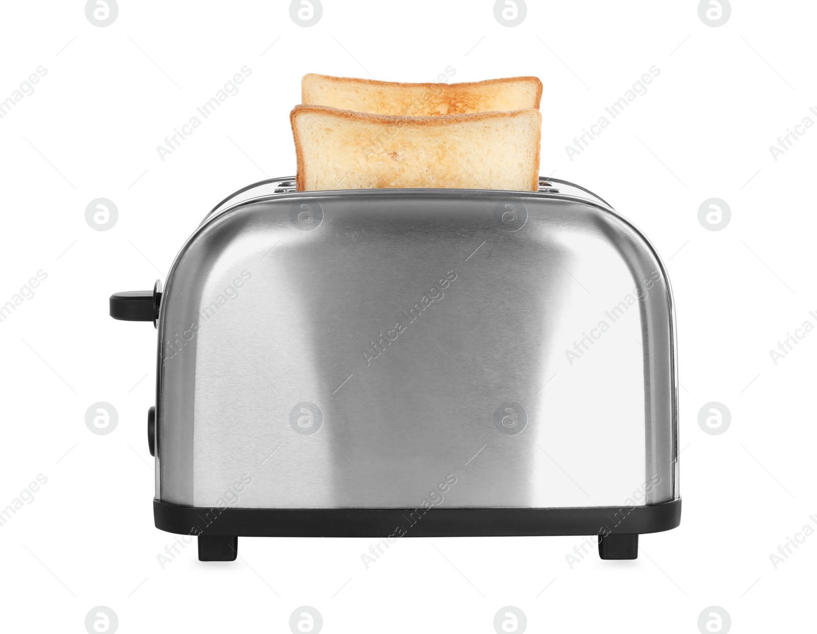 Photo of Electric toaster with bread slices isolated on white