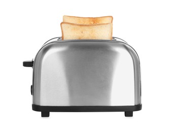 Photo of Electric toaster with bread slices isolated on white