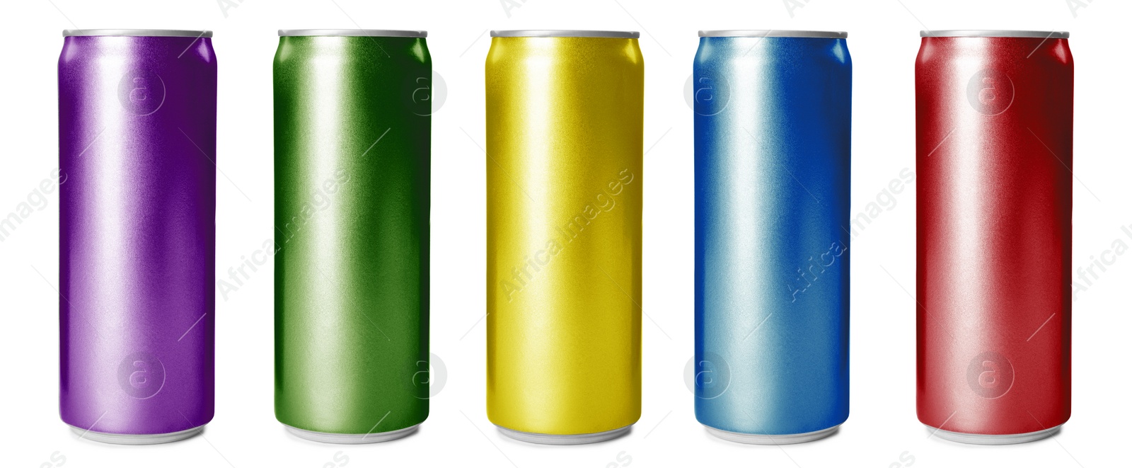 Image of Set with aluminium drink cans in different colors on white background. Banner design