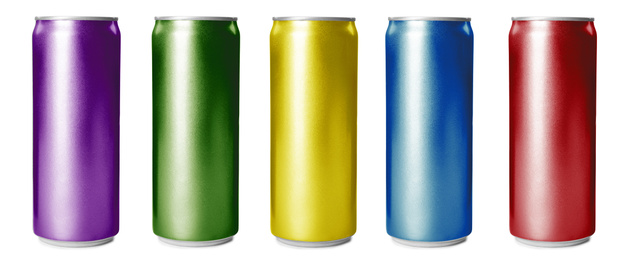 Image of Set with aluminium drink cans in different colors on white background. Banner design