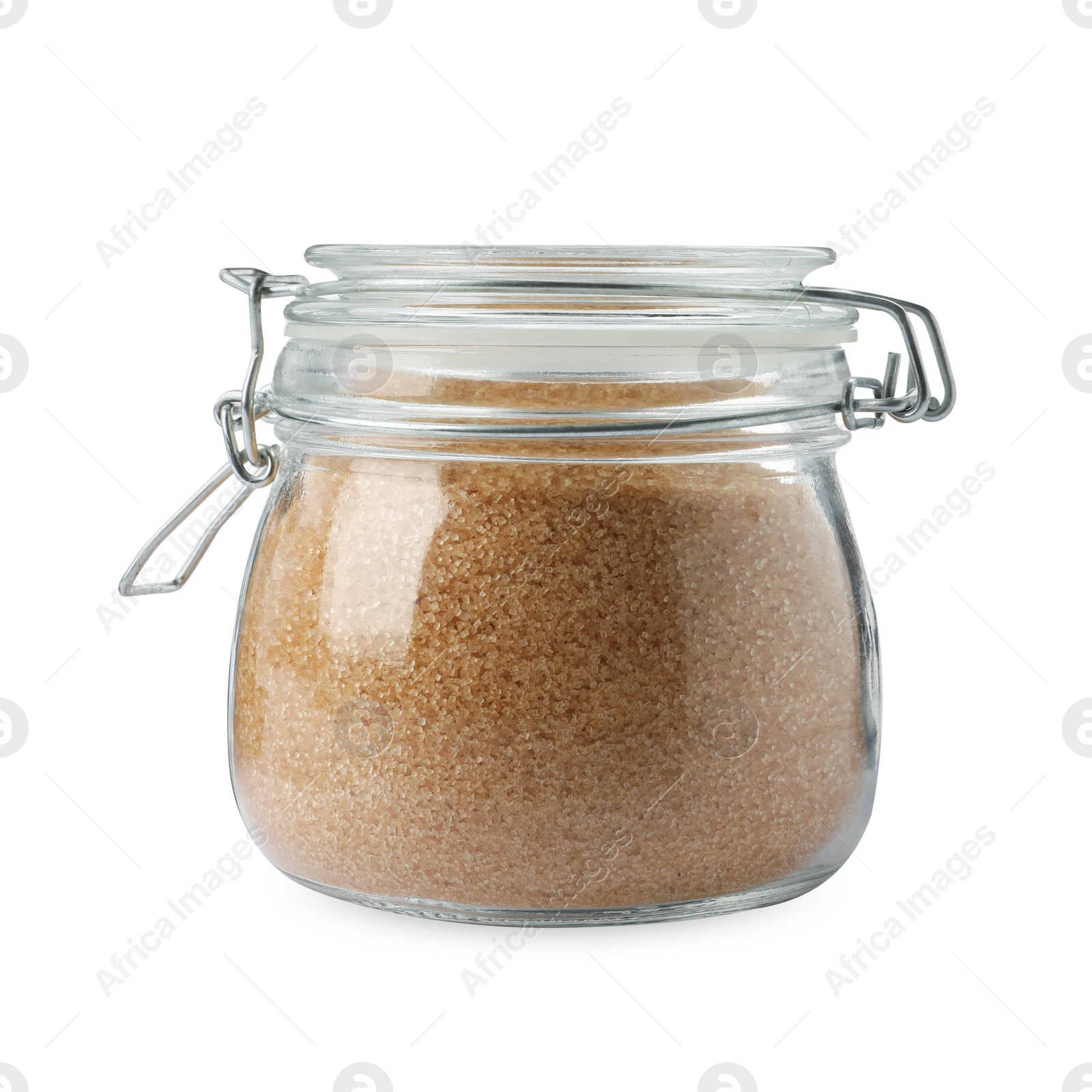 Photo of Glass jar of granulated brown sugar isolated on white