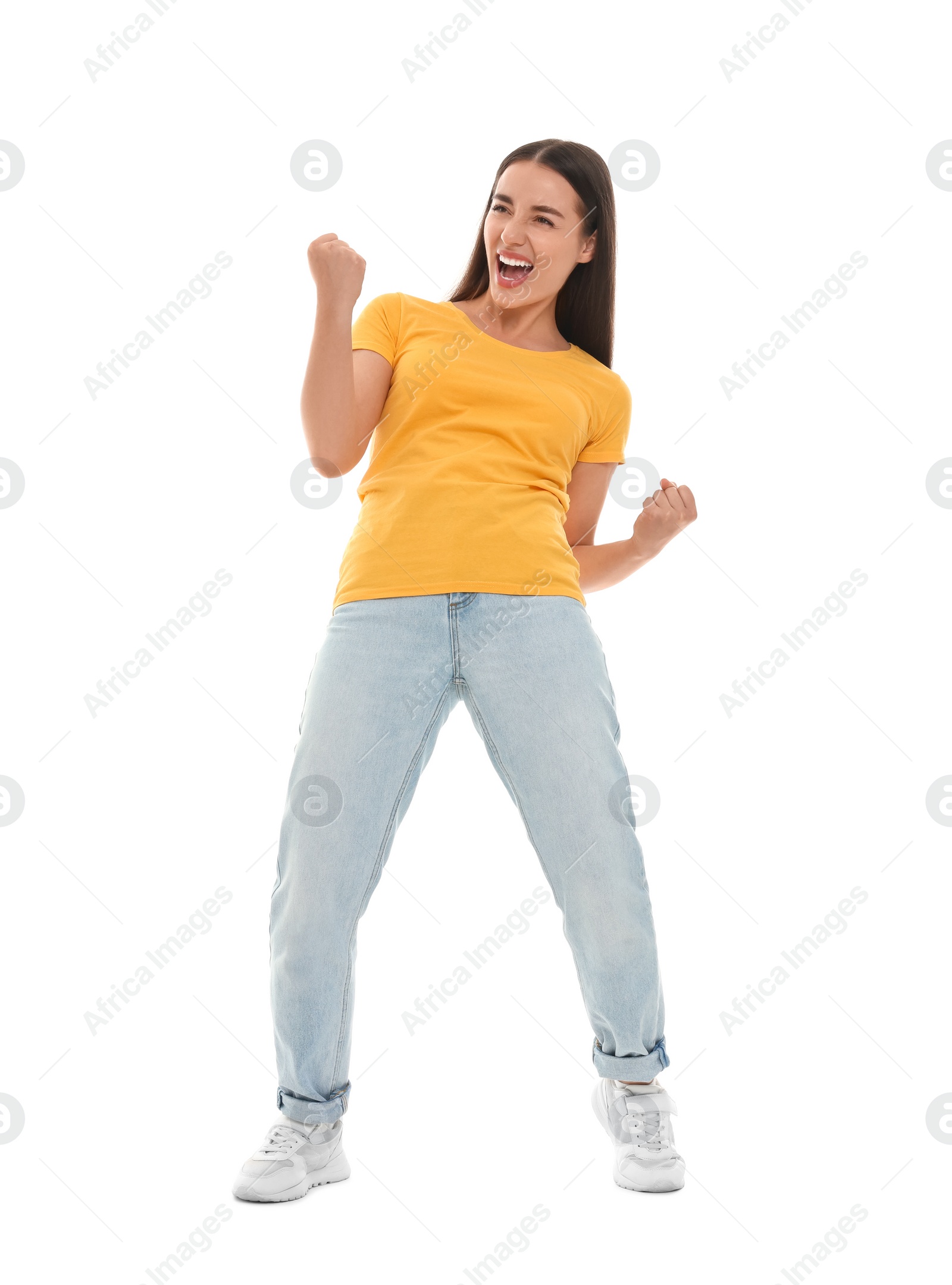 Photo of Happy sports fan celebrating isolated on white