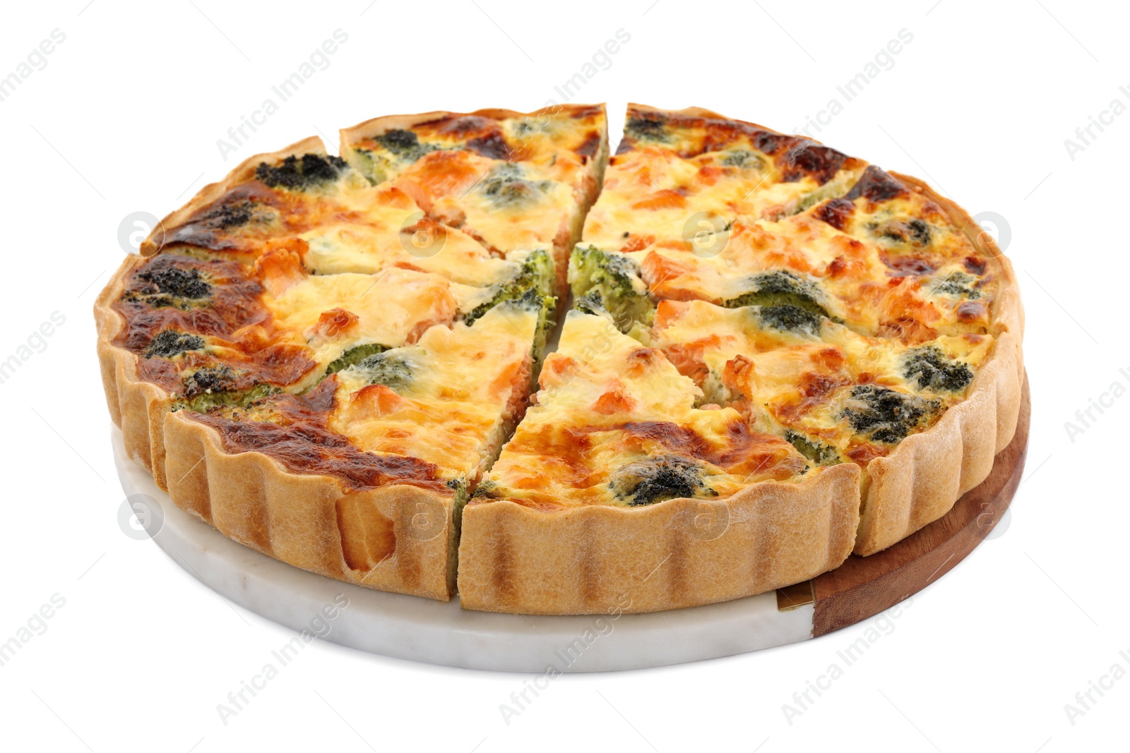 Photo of Delicious homemade quiche with salmon and broccoli isolated on white