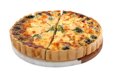 Delicious homemade quiche with salmon and broccoli isolated on white