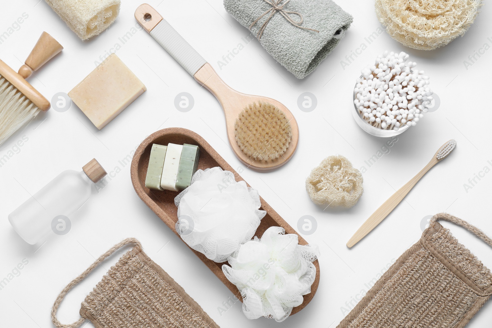 Photo of Bath accessories. Flat lay composition with personal care products on white background