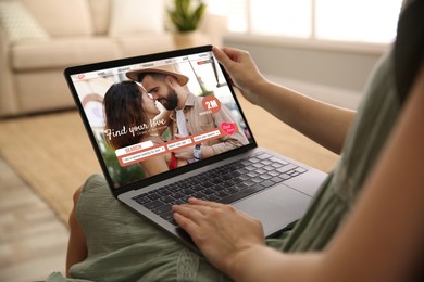 Image of Looking for partner. Woman using laptop at home, closeup. Dating site webpage on device screen
