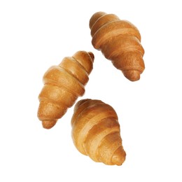 Image of Crusty golden croissants falling on white background