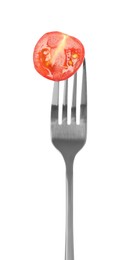 Photo of Fork with half of cherry tomato isolated on white