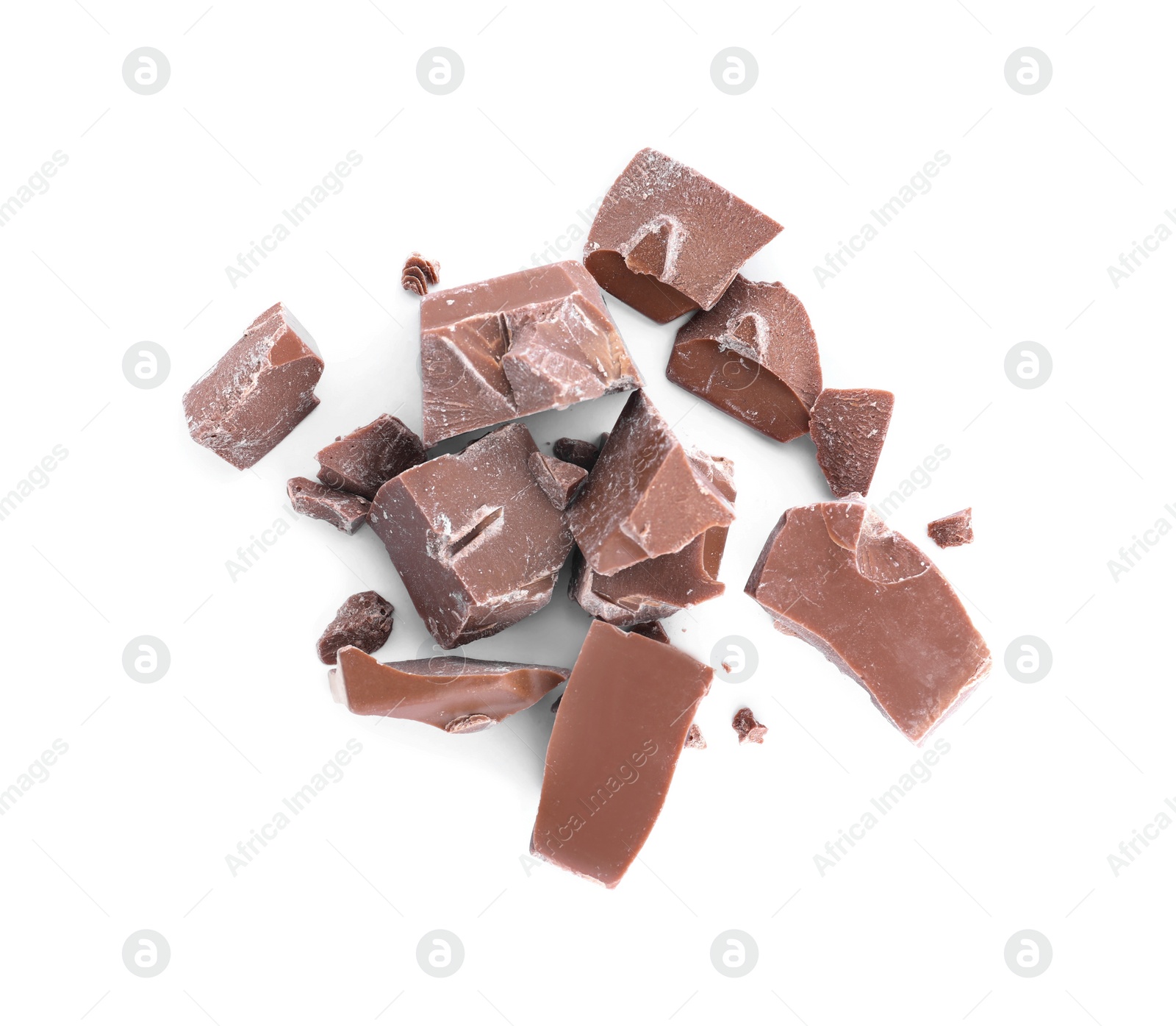 Photo of Pieces of milk chocolate isolated on white, top view