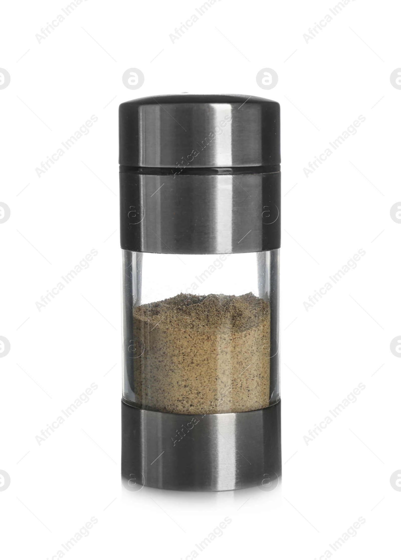 Photo of Shaker with aromatic pepper on white background