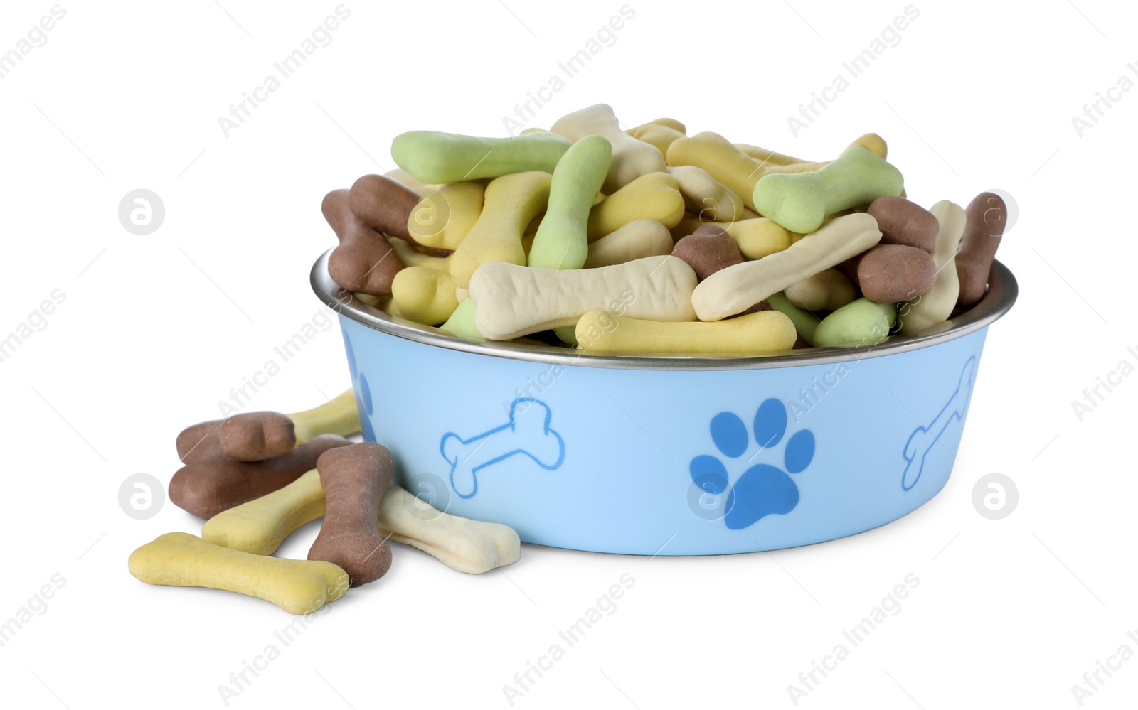 Photo of Different bone shaped dog cookies and feeding bowl on white background