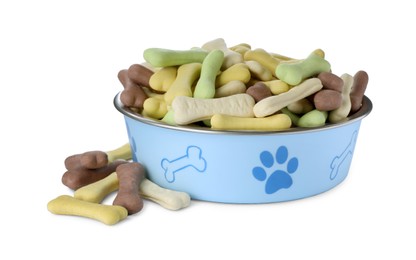 Different bone shaped dog cookies and feeding bowl on white background