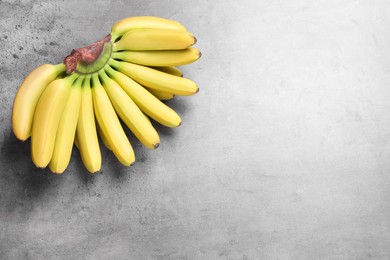 Photo of Bunch of ripe baby bananas on grey table, top view. Space for text