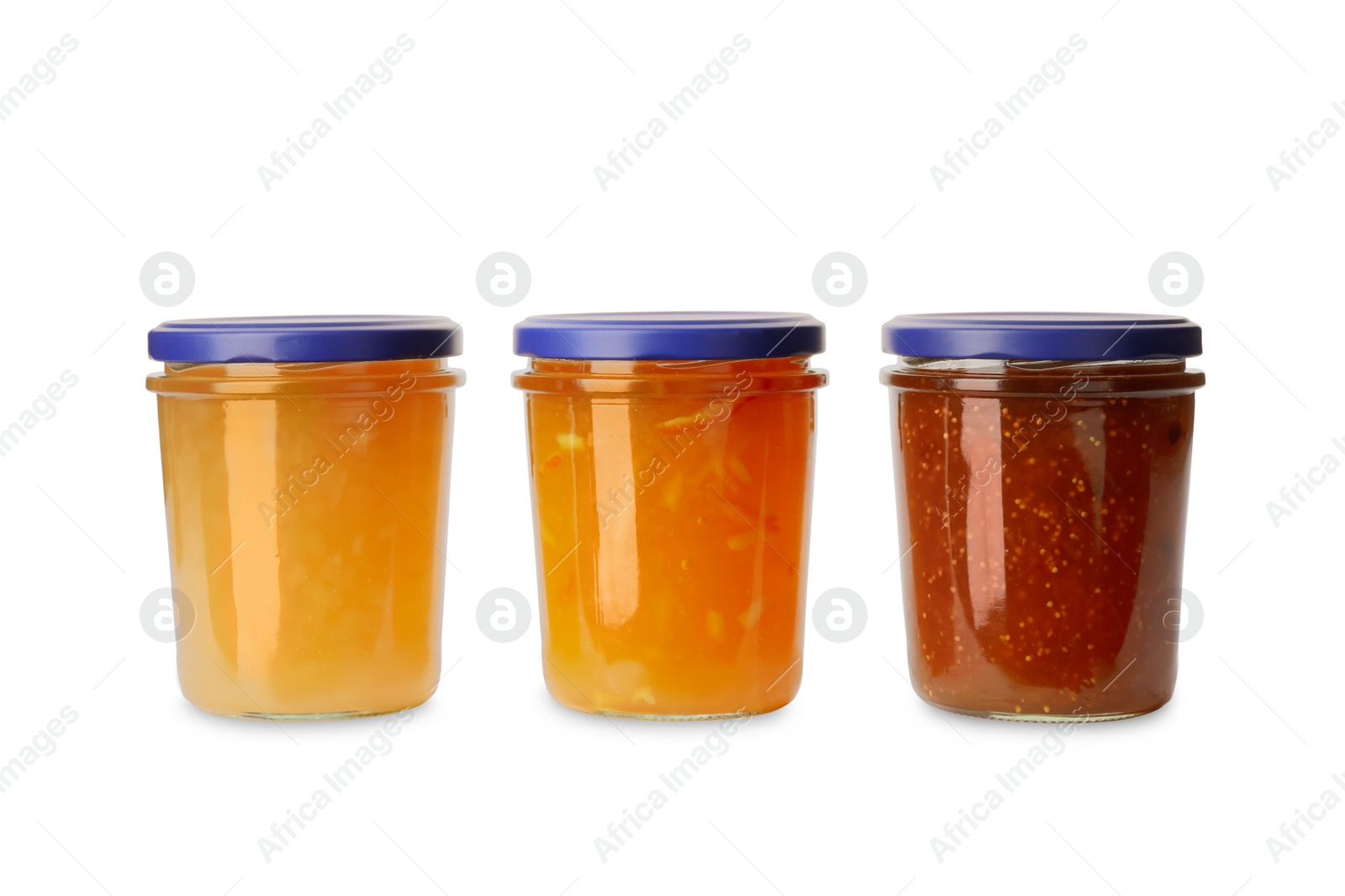 Photo of Jars of different delicious jams on white background