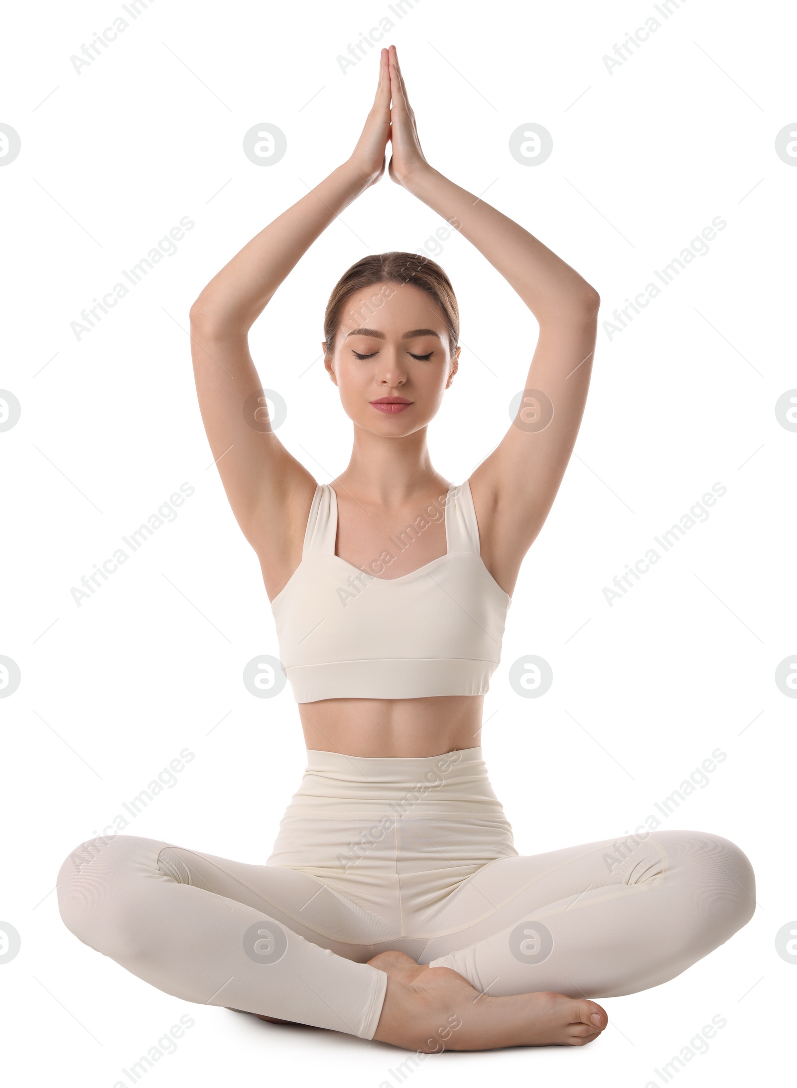 Photo of Beautiful young woman meditating on white background