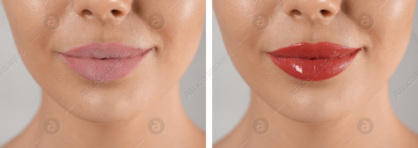 Image of Collage with photos of woman with dry and moisturized lips, closeup. Banner design