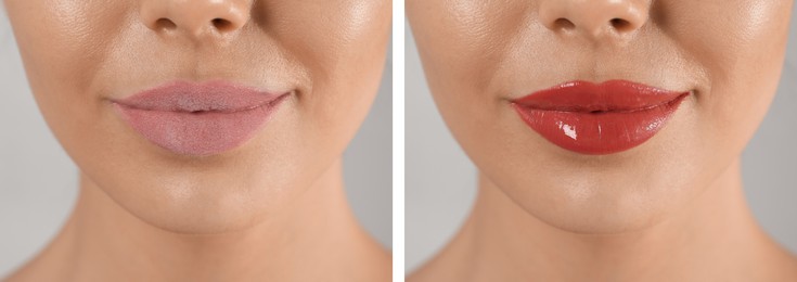 Collage with photos of woman with dry and moisturized lips, closeup. Banner design